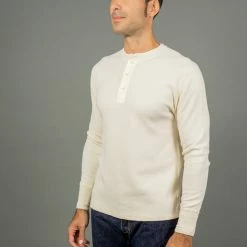 Loop & Weft Fine Aran Honeycomb Henley Neck Thermal Vintage Ivory