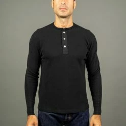 Loop & Weft Fine Aran Honeycomb Henley Neck Thermal Royal Black