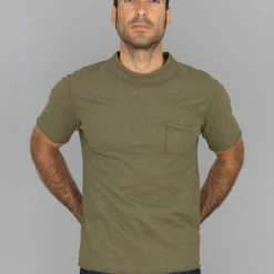 Loop & Weft Dual Layered Knit Raw Edge Pocket Crewneck T-Shirt Army Olive