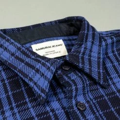 Samurai Jeans SIN21-01-OVS Rope Dyed Indigo Heavy Flannel Shirt Purple 45 Samurai Jeans SIN21-01-OVS Rope Dyed Indigo Heavy Flannel Shirt Purple