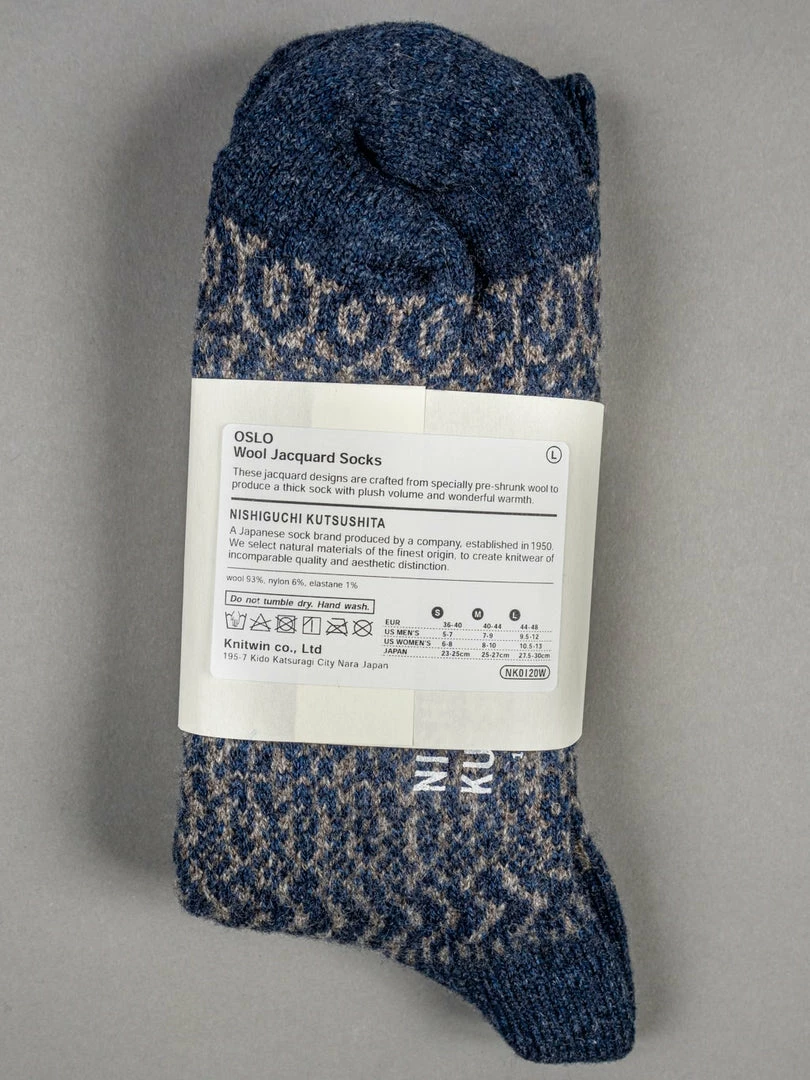 Nishiguchi Kutsushita Wool Jacquard Socks Navy 4 Nishiguchi Kutsushita Wool Jacquard Socks Navy