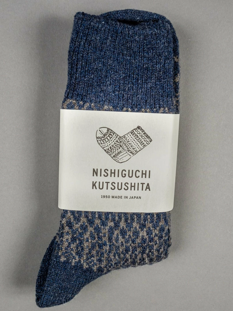 Nishiguchi Kutsushita Wool Jacquard Socks Navy 3 Nishiguchi Kutsushita Wool Jacquard Socks Navy