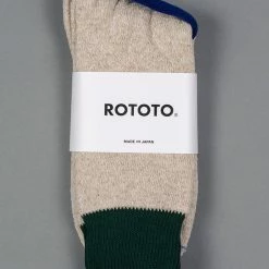 ROTOTO Double Face Crew Socks "Silk & Cotton" Green/Medium Beige