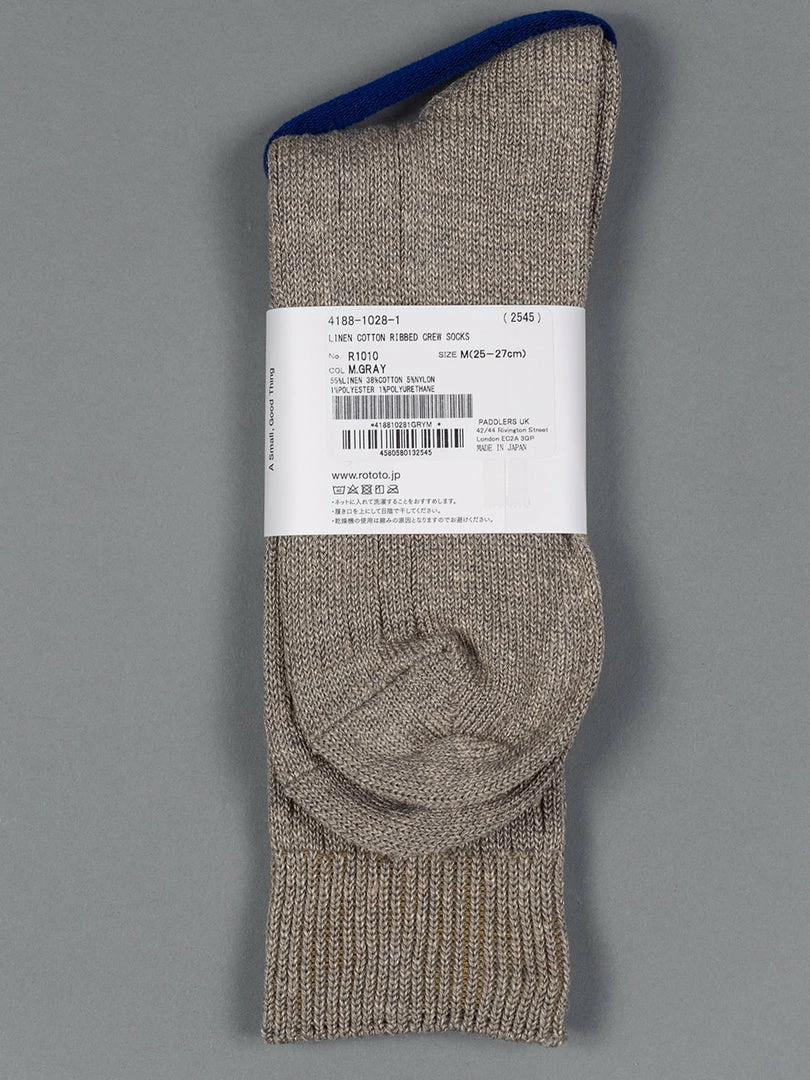 ROTOTO Linen Cotton Ribbed Crew Socks Medium Grey 4 ROTOTO Linen Cotton Ribbed Crew Socks Medium Grey