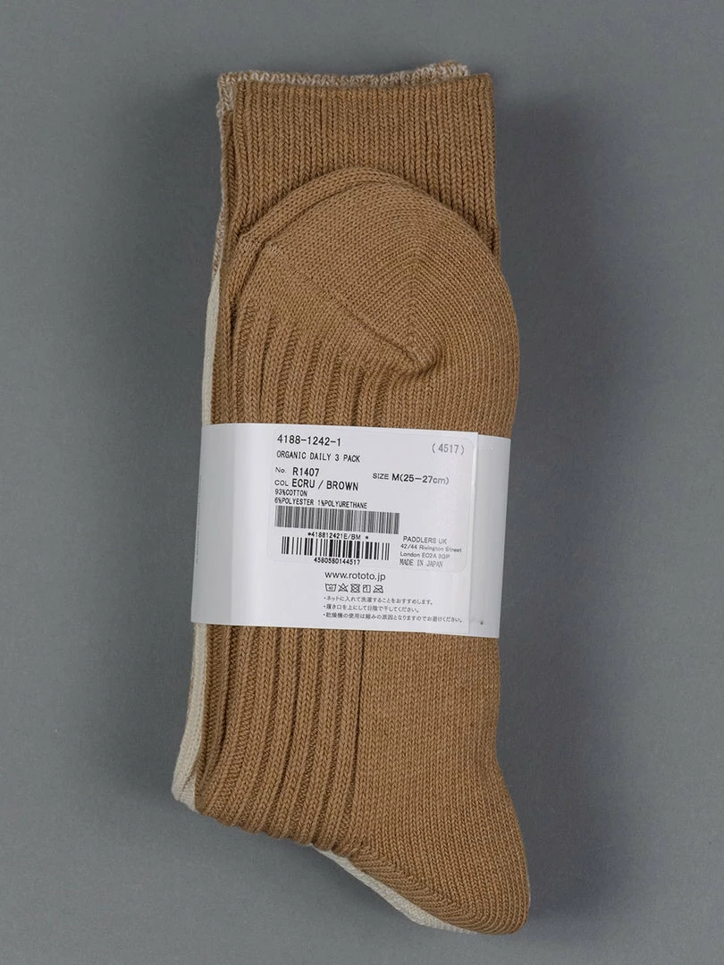 ROTOTO Organic Cotton Daily 3 Pack Ribbed Crew Socks Ecru/Brown 4 ROTOTO Organic Cotton Daily 3 Pack Ribbed Crew Socks Ecru/Brown