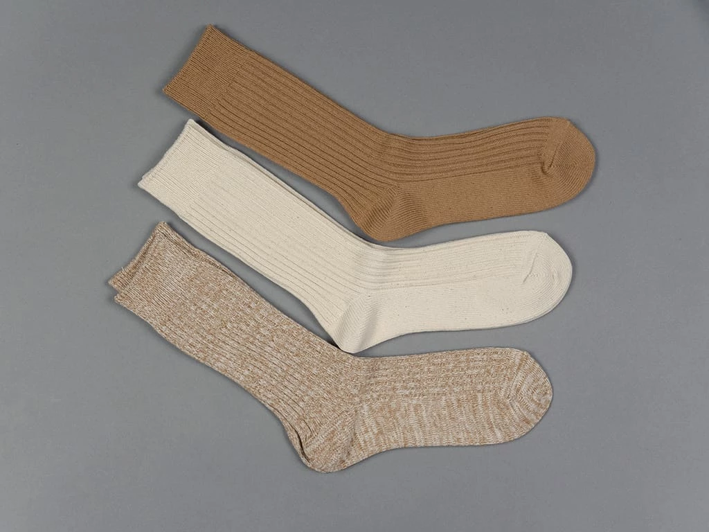 ROTOTO Organic Cotton Daily 3 Pack Ribbed Crew Socks Ecru/Brown 16 ROTOTO Organic Cotton Daily 3 Pack Ribbed Crew Socks Ecru/Brown