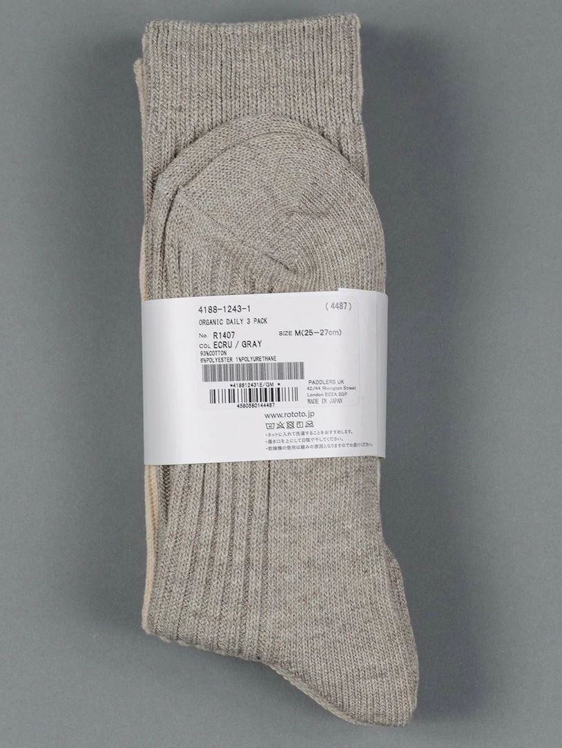 ROTOTO Organic Cotton Daily 3 Pack Ribbed Crew Socks Ecru/Grey 4 ROTOTO Organic Cotton Daily 3 Pack Ribbed Crew Socks Ecru/Grey